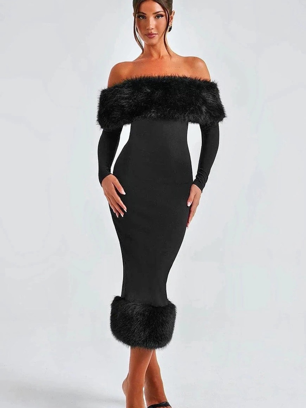Off-Shoulder Black Midi Dress Like New